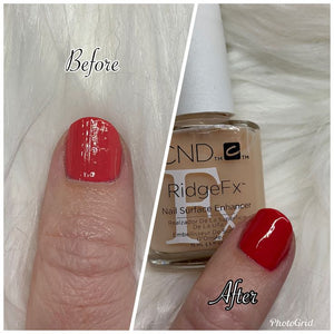 Two red nails, one without Ridge Fx as a base coat and one after it has been applied