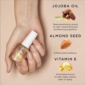 A hand with healthy nails holding a bottle of Solar Oil and list of ingredients