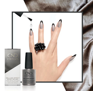 CND Vinylux Gel Like Effect Top Coat, hand with silver and black nail polish 