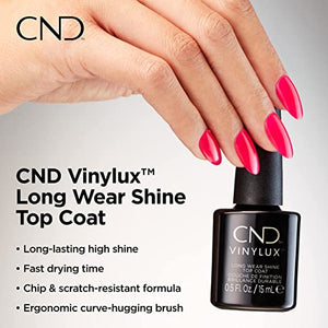 Hand with red nail polish holding a bottle of CND Vinylux Long Wear Shine Top Coat